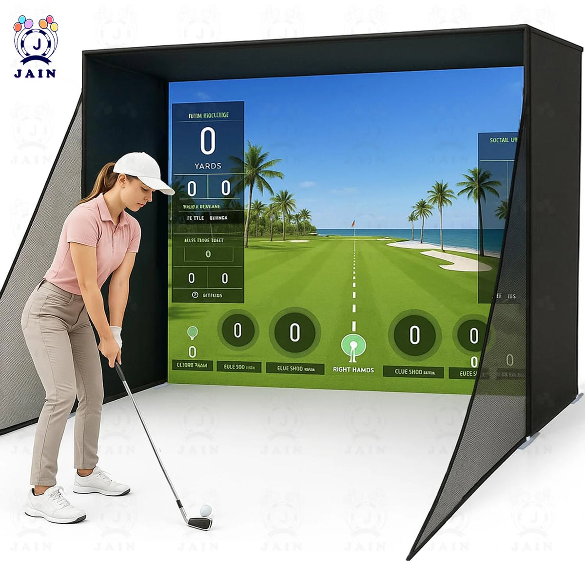 Golf Simulator Enclosure with Impact Screen Aluminum Frame and Hitting Net Enclosed Display Screen for for Indoor Golf Training