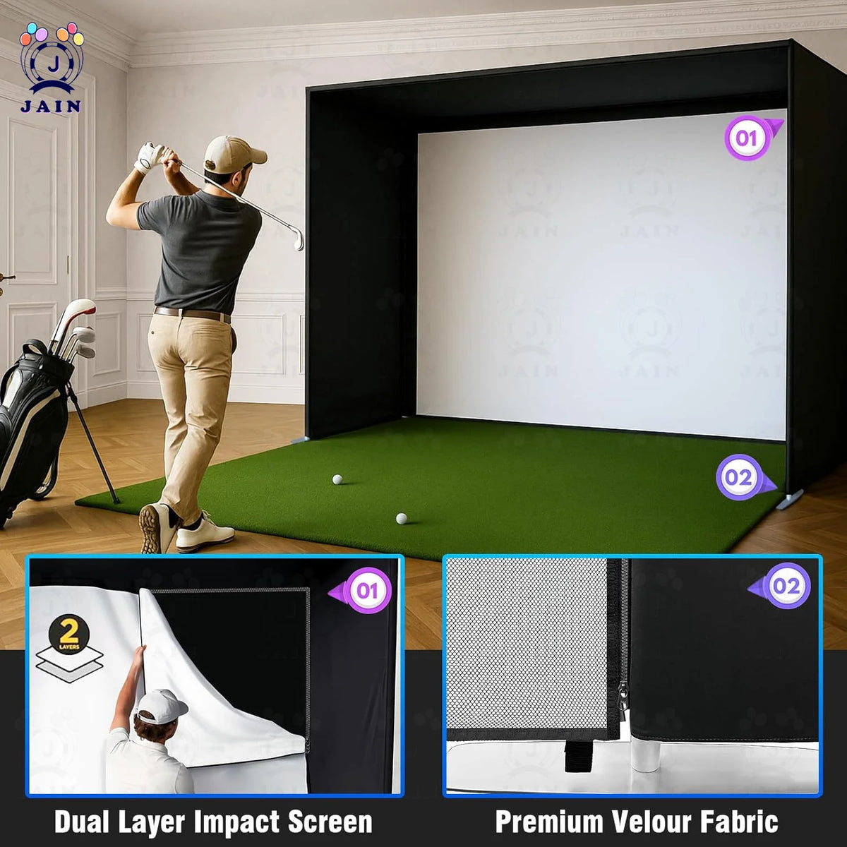 Golf Simulator Enclosure with Impact Screen Aluminum Frame and Hitting Net Enclosed Display Screen for for Indoor Golf Training