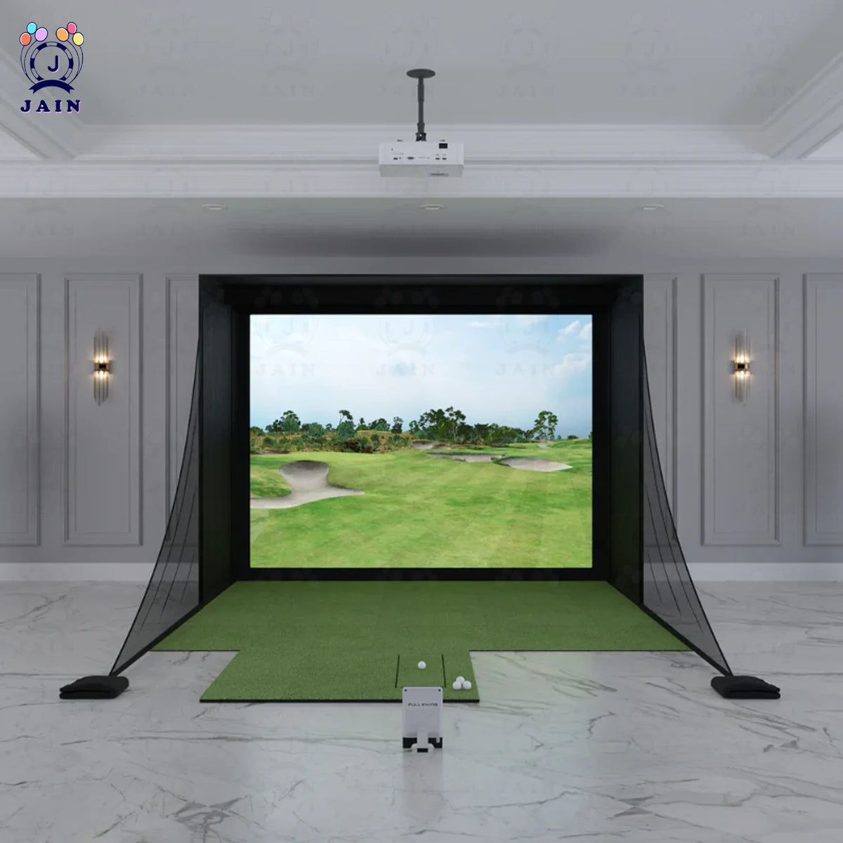 Golf Simulator Enclosure with Impact Screen Aluminum Frame and Hitting Net Enclosed Display Screen for for Indoor Golf Training