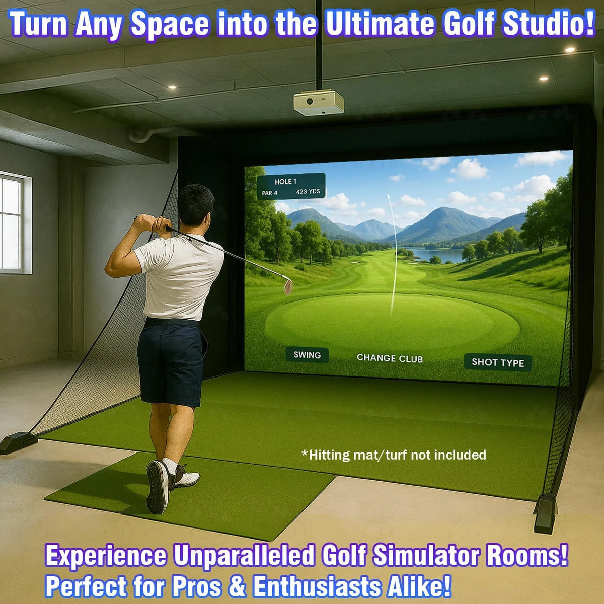 Golf Simulator Enclosure with Impact Screen Aluminum Frame and Hitting Net Enclosed Display Screen for for Indoor Golf Training